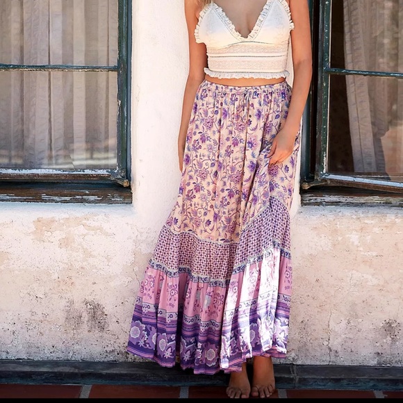 Dresses & Skirts - Boho Gypsy Floral Print Maxi Skirt Purple Pink